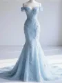 Trendy Mermaid Off-the-Shoulder Appliques Lace Court Train Tulle Corset Prom Dress