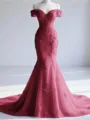 Trendy Mermaid Off-the-Shoulder Appliques Lace Court Train Tulle Corset Prom Dress