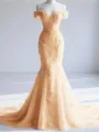 Trendy Mermaid Off-the-Shoulder Appliques Lace Court Train Tulle Corset Prom Dress