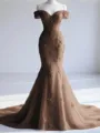 Trendy Mermaid Off-the-Shoulder Appliques Lace Court Train Tulle Corset Prom Dress