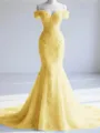 Trendy Mermaid Off-the-Shoulder Appliques Lace Court Train Tulle Corset Prom Dress