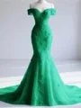 Trendy Mermaid Off-the-Shoulder Appliques Lace Court Train Tulle Corset Prom Dress