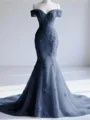 Trendy Mermaid Off-the-Shoulder Appliques Lace Court Train Tulle Corset Prom Dress