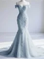 Trendy Mermaid Off-the-Shoulder Appliques Lace Court Train Tulle Corset Prom Dress