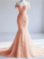 Trendy Mermaid Off-the-Shoulder Appliques Lace Court Train Tulle Corset Prom Dress