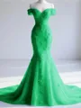 Trendy Mermaid Off-the-Shoulder Appliques Lace Court Train Tulle Corset Prom Dress