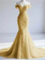 Trendy Mermaid Off-the-Shoulder Appliques Lace Court Train Tulle Corset Prom Dress