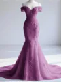 Trendy Mermaid Off-the-Shoulder Appliques Lace Court Train Tulle Corset Prom Dress