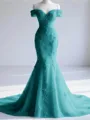 Trendy Mermaid Off-the-Shoulder Appliques Lace Court Train Tulle Corset Prom Dress