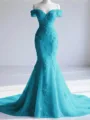 Trendy Mermaid Off-the-Shoulder Appliques Lace Court Train Tulle Corset Prom Dress