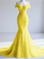 Trendy Mermaid Off-the-Shoulder Appliques Lace Court Train Tulle Corset Prom Dress
