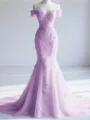 Trendy Mermaid Off-the-Shoulder Appliques Lace Court Train Tulle Corset Prom Dress