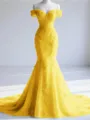 Trendy Mermaid Off-the-Shoulder Appliques Lace Court Train Tulle Corset Prom Dress