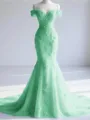 Trendy Mermaid Off-the-Shoulder Appliques Lace Court Train Tulle Corset Prom Dress