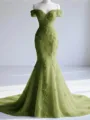 Trendy Mermaid Off-the-Shoulder Appliques Lace Court Train Tulle Corset Prom Dress