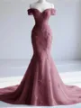 Trendy Mermaid Off-the-Shoulder Appliques Lace Court Train Tulle Corset Prom Dress