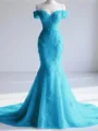 Trendy Mermaid Off-the-Shoulder Appliques Lace Court Train Tulle Corset Prom Dress