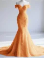 Trendy Mermaid Off-the-Shoulder Appliques Lace Court Train Tulle Corset Prom Dress