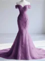 Trendy Mermaid Off-the-Shoulder Appliques Lace Court Train Tulle Corset Prom Dress