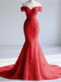Trendy Mermaid Off-the-Shoulder Appliques Lace Court Train Tulle Corset Prom Dress