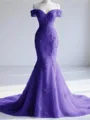 Trendy Mermaid Off-the-Shoulder Appliques Lace Court Train Tulle Corset Prom Dress
