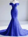 Trendy Mermaid Off-the-Shoulder Appliques Lace Court Train Tulle Corset Prom Dress