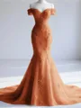 Trendy Mermaid Off-the-Shoulder Appliques Lace Court Train Tulle Corset Prom Dress