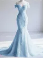 Trendy Mermaid Off-the-Shoulder Appliques Lace Court Train Tulle Corset Prom Dress