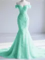 Trendy Mermaid Off-the-Shoulder Appliques Lace Court Train Tulle Corset Prom Dress