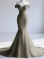 Trendy Mermaid Off-the-Shoulder Appliques Lace Court Train Tulle Corset Prom Dress