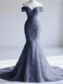 Trendy Mermaid Off-the-Shoulder Appliques Lace Court Train Tulle Corset Prom Dress