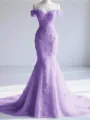 Trendy Mermaid Off-the-Shoulder Appliques Lace Court Train Tulle Corset Prom Dress