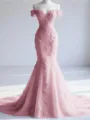 Trendy Mermaid Off-the-Shoulder Appliques Lace Court Train Tulle Corset Prom Dress