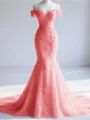 Trendy Mermaid Off-the-Shoulder Appliques Lace Court Train Tulle Corset Prom Dress