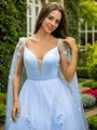 A-line V-Neck Timeless Sleeveless Sweep Train Tulle Dresses