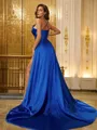 A-line V-Neck Sleeveless Court Train Chic Satin Dresses