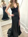 Fashion Sheath V-Neck Appliques Lace Sweep Train Silk Like Satin Dress
