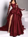 classy A-line Sweetheart Pleated Chapel Train Satin Dress