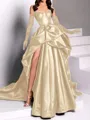 classy A-line Sweetheart Pleated Chapel Train Satin Dress