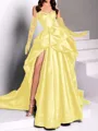 classy A-line Sweetheart Pleated Chapel Train Satin Dress