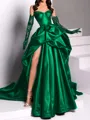 classy A-line Sweetheart Pleated Chapel Train Satin Dress