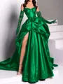 classy A-line Sweetheart Pleated Chapel Train Satin Dress