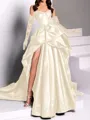classy A-line Sweetheart Pleated Chapel Train Satin Dress