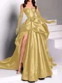 classy A-line Sweetheart Pleated Chapel Train Satin Dress