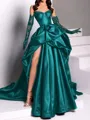 classy A-line Sweetheart Pleated Chapel Train Satin Dress