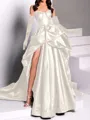 classy A-line Sweetheart Pleated Chapel Train Satin Dress