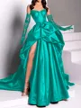 classy A-line Sweetheart Pleated Chapel Train Satin Dress