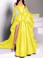 classy A-line Sweetheart Pleated Chapel Train Satin Dress