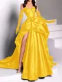 classy A-line Sweetheart Pleated Chapel Train Satin Dress