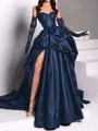 classy A-line Sweetheart Pleated Chapel Train Satin Dress